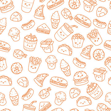 Set of vector cartoon doodle icons junk food. Illustration of comic fast food. Seamless texture, pattern, wallpaper, background