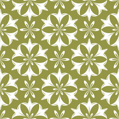 White floral seamless pattern on olive green background