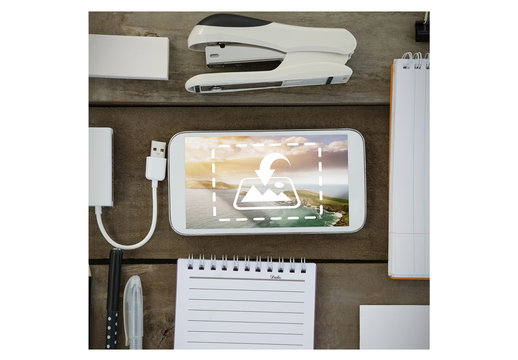 Phone and Office Supplies on Table Mockup 1