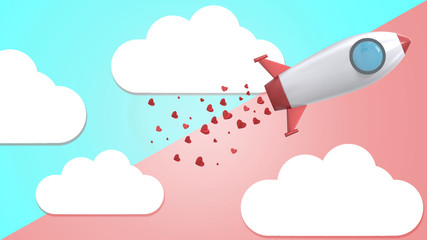 3d illustrate of rocket drop paper heart.3d render valentine concept