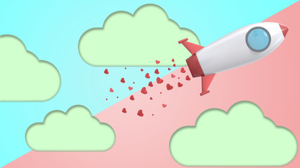 3d illustrate of rocket drop paper heart.3d render valentine concept
