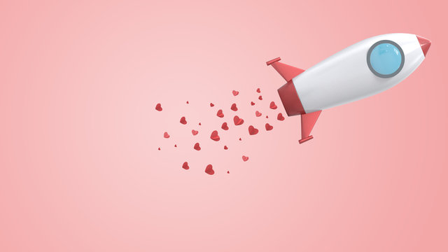 3d illustrate of rocket drop paper heart.3d render valentine concept