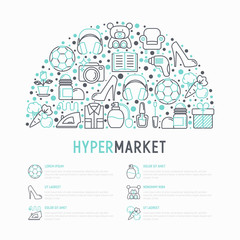 Hypermarket concept in half circle with thin line icons: apparel, sport equipment, electronics, perfumery, cosmetics, toys, food, appliances. Modern vector illustration, web page template.
