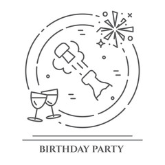 Birthday party theme horizontal banner. Set of elements of cake, present, champagne, disco, firework and other entertainment related pictograms. Vector illustration. Editable stroke