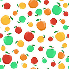 Seamless pattern from colorful apples with a leaf on a white bac