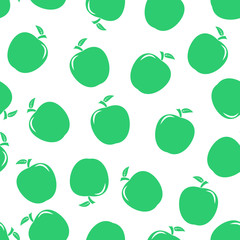 Seamless pattern from green ripe apples with a leaf on a white b