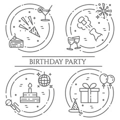 Birthday party theme horizontal banner. Set of elements of cake, present, champagne, disco, firework and other entertainment related pictograms. Vector illustration. Editable stroke