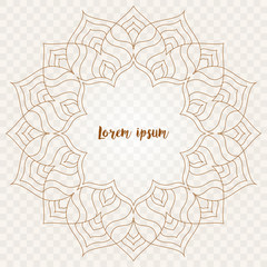 Mandala frame vector isolated illustration on white background. Round floral ornament with decorative foil. Design for fashion banner, tag, photo album, logo, label, greeting card, wedding invitation