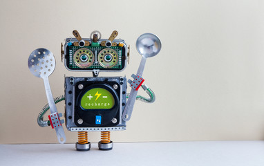 Robot chef with ladle skimmer, recharge battery message green interface body. Creative design...