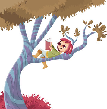 Cute cartoon girl reading book over a tree. Nature background.
