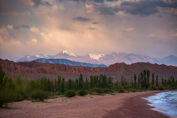 Mountains Tien Shan and lake Issyk-Kul, Kyrgyzstan.