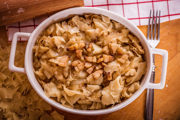 square pasta shape dish with cabbage and bacon traditional in central eastern europe 