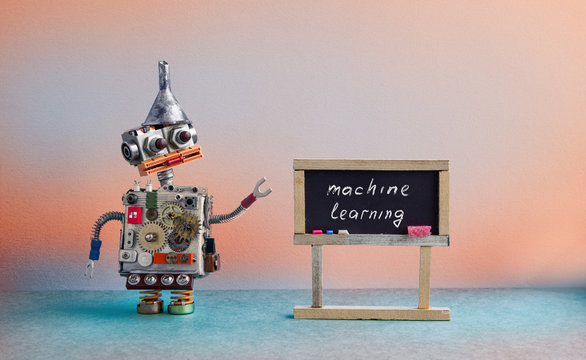 Machine Learning Concept. Robot Creative Design Toy Metal Funnel Hopper, Cogs Wheels Gears Metallic Body. Black Chalkboard Classroom Interior, Futuristic Colors Background