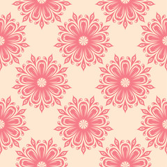Red flowers on beige background. Ornamental seamless pattern