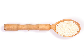 Fototapeta na wymiar A rice cereals wooden spoon on a white background