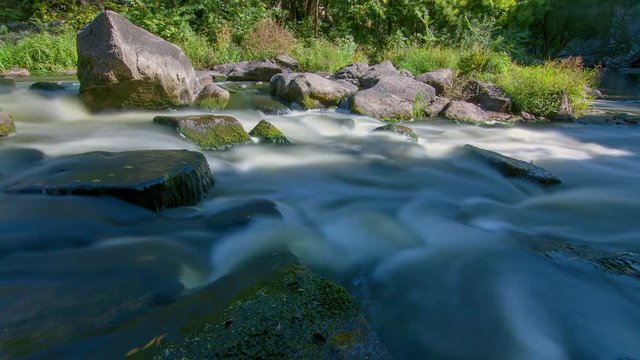 forest stream time lapse, Stream Water and Green Mossy Rocks, mountain stream time lapse, Water runs quickly through the rapids, time lapse of blurry white stream water and green mossy rocks