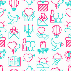 Romantic seamless pattern with thin line icons, related to dating, honeymoon, Valentine's day. Modern vector illustration.