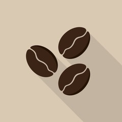 Coffee beans icon with long shadow on brown background, flat design style