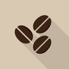 Coffee beans icon with long shadow on brown background, flat design style
