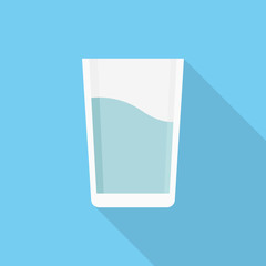 Glass of water icon with long shadow on blue background, flat design style