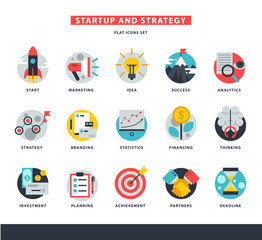 Startup business icons vector start up strategy marketing idea innovation or businessplanning illustration of rocket or light bulb isolated on white background