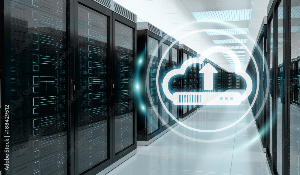 Aufkleber Cloud icon downloading datas in server room center 3D rendering