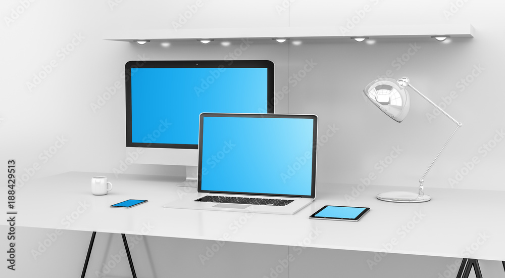 Poster Modern white desk interior with computer and devices 3D rendering