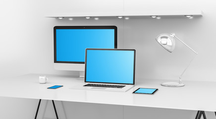 Naklejka premium Modern white desk interior with computer and devices 3D rendering