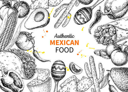 Mexican food sketch label in frame. Vector Traditional cuisines 