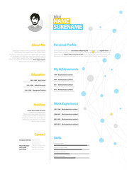 Creative simple cv template with yellow and blue circles and dots on web.