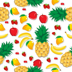 mango pineapple apple strawberry banana cherry mix fruits seamless pattern on white background. Available in high-resolution jpeg & editable eps, for wallpaper, pattern, web, graphic & printing