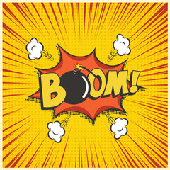 Boom comic text speech bubble with bomb. Vector isolated sound effect puff cloud iconon yellow background. © backup16
