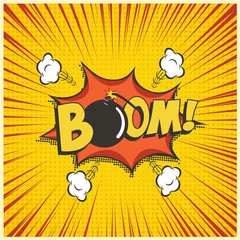 Foto auf Alu-Dibond Boom comic text speech bubble with bomb. Vector isolated sound effect puff cloud iconon yellow background. © backup16
