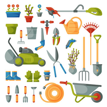 Garden tool vector gardening equipment rake or shovel and lawnmower of gardener farm collection or farming set illustration isolated on white background