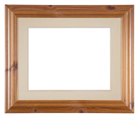 Empty picture frame isolated on white, varnished knotty pine wood and a mount