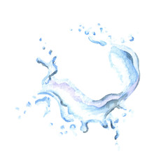 Water round splash isolated on white background. Watercolor hand drawn illustration