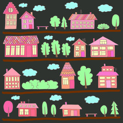 Obraz premium Houses on a street. Illustration of a city landscape with townho