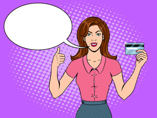 Young woman with bank card pop art vector