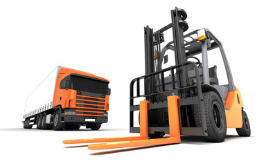 Delivery and logistics concept. Forklift at foreground with tilt van truck at background at warehouse isolated on white background. Front perspective view. 3D illustration