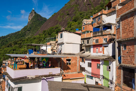Houses of Santa Marta Favela in Rio de Janeiro, with the Corcovado Mountain Behind