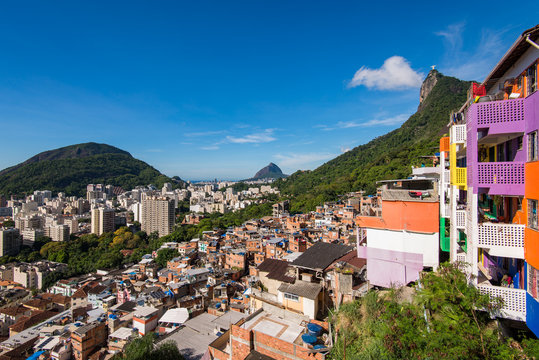 Houses of Santa Marta Favela in Rio de Janeiro, with the Corcovado Mountain Behind