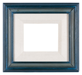 Empty picture frame in a distressed blue painted finish with a mount