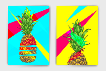 Vector pineapple mock up set. Colorful design with ananas for cover, brochure or print template. Easy to use and modify, created using clipping mask