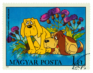 Two dogs on postage stamp