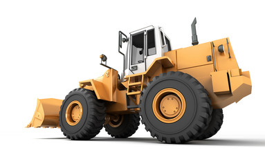 Powerfull concept. Giant yellow hydraulic loader isolated on white. Right to left direction. 3D illustration. wide angle. Side view
