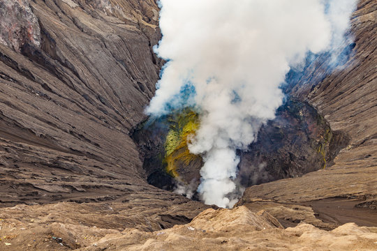 Crater of Bromo volcano (Gunung Bromo). Bromo an active volcano in the Bromo Tengger Semeru National Park, East Java, Indonesia