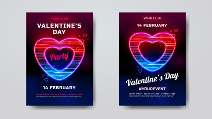 Valentines Day party poster mockup. Holiday banner with neon heart textured with movement particles. Romantic party invitation. Vector illustration. Club flyer template. Futuristic digital theme.