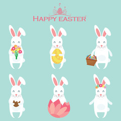 Set of cartoon Easter bunnies with various variations. Vector illustration