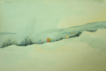 Winter watercolor landscape.