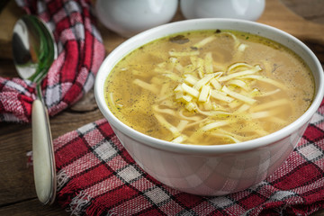 Broth - chicken soup in a bowl.